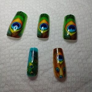 Press on nails peacock feather colorful nails set blue green orange yellow